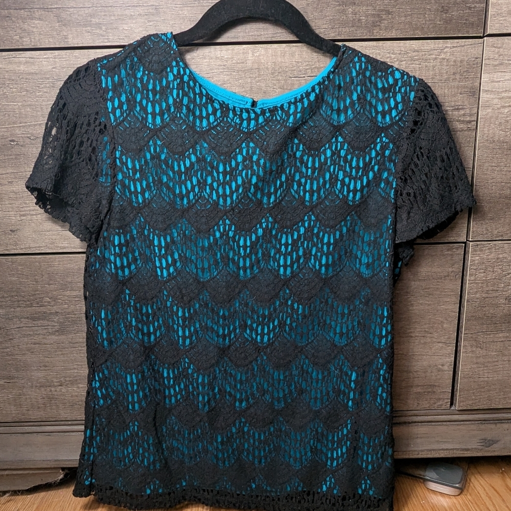 Loft Black Lace Overlay Turquoise Short Sleeve Blouse XS